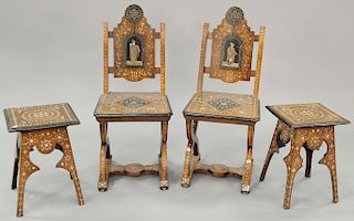 Four piece lot to include a pair of inlaid chairs and small tables. ht. 18 in., top: 12 3/4" x 12 3/4" Provenance: From an estate in...