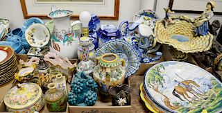 Large group of Italian pottery to include three large chargers, glazed basket with figures, cabbage leaf soup tureen, vases, etc. Pr...