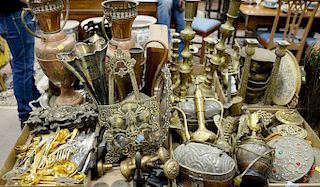Six tray lots of brass and metal items to include candlesticks, door knobs, keys, vases, etc. Provenance: From an estate in Lloyd Ha...