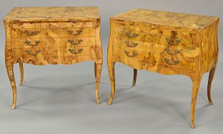 Three piece lot of burlwood commodes (veneer damage on lower legs). ht. 20 in., top: 18" x 28" Provenance: From an estate in Ll...