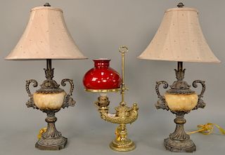 Group of six table lamps, some possibly Maitland Smith, one heavy brass oil style lamp with glass shade. 20 1/2" x 39"