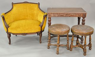Five piece lot including pair of leather upholstered round stools ht. 19 in., Louis XV style chair, small chest, and oak table with ...