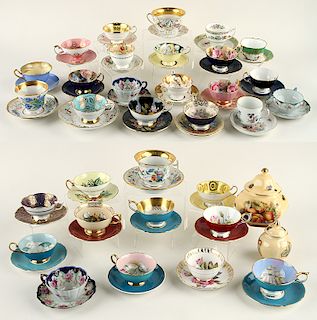 32 HAND PAINTED PORCELAIN TEA CUPS AND SAUCERS