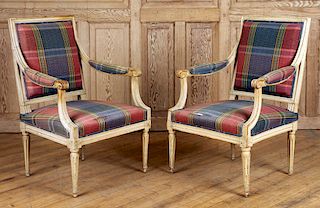 PAIR FRENCH LOUIS XVI STYLE OPEN ARM CHAIRS C.190