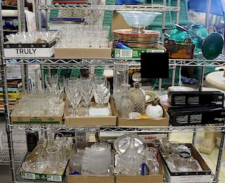 Ten tray lots of glass and crystal to include a set of twelve glass plates with orange and gilt border, set of stemmed glasses, vase...
