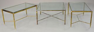 Three glass top brass coffee tables (glass with chips). ht. 17 in., 18 1/2 in. & 18 1/2 in.