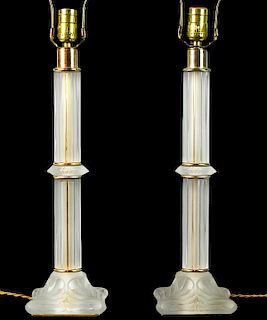Pr. Lalique Frosted Crystal & Gilt Metal Lamps