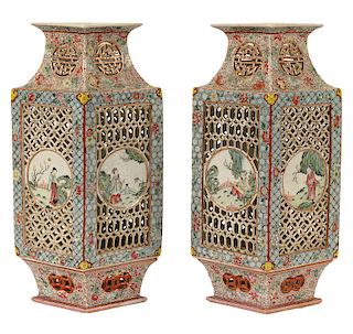 Pair of Chinese Porcelain 2 Part Lanterns