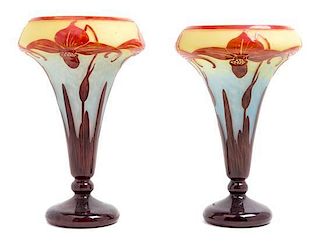 A Near Pair of Le Verre Francais Cameo Glass Vases Height of taller 13 7/8 inches.