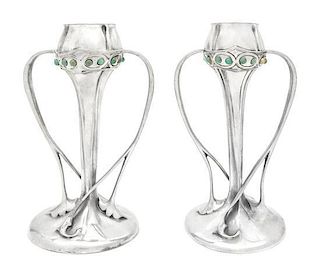 * A Pair of Liberty & Co. Tudric Jeweled Pewter Vases Height 10 inches.