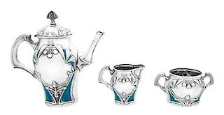 A Swedish Art Nouveau Silver-Plate Tea Service Height of coffee pot 9 3/4 inches.