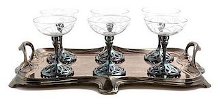 A German Art Nouveau Silver-Plate and Etched Glass Champagne Set Height 5 1/8 inches, length of waiter over handles 18 3/4 inche