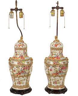 Pair of Rose Medallion Lamps on Reticulated Bases