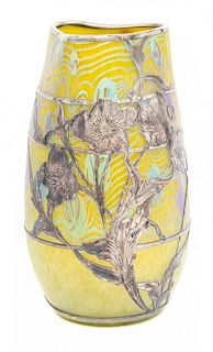 A Loetz Phaenomen Genre 7767 Silver Overlay Vase Height 7 3/4 inches.