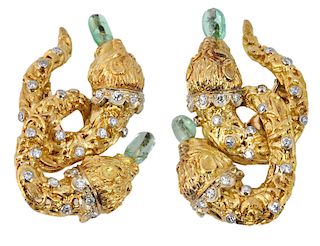 Lalaounis 18Kt., Diamond & Emerald Earrings