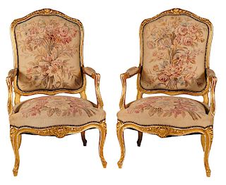 Pair French Louis XV Style Gilt Arm Chairs