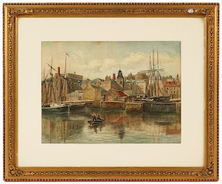 Signed Continental 19th C. Waterfront Watercolor