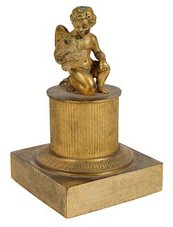 19th C. Dore Bronze Putti & Dove on Pedestal