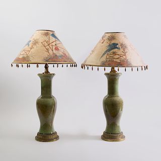 Pair of Chinese Celadon Crackle Glazed Porcelain Lamps, with Chinoiserie Painted Paper Shades