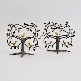 Pair of Painted Wrought-Iron and Gil-Metal Bird-in-Tree Candlesticks 