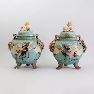 Pair of Japanese Large Tripod Flower Incrusted Pottery Jars and Covers