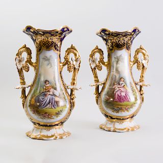 Pair of Tall Continental Cobalt and Parcel-Gilt Porcelain Two-Handled Vases