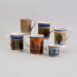 Group of Six English Mochaware Mugs