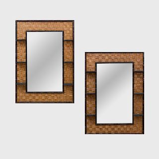 Pair of Ebonized Faux Bamboo and Woven Reed Mirrors