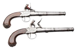 Pair of English Cannon Barrel Center Hammer Flintlock Pistols by Griffin of Bond St., London 