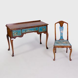 Dutch Rococo Style Walnut and Blue Lacquer Desk and Matching Side Chair