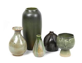 A Group of Five Art Pottery Articles, Height of tallest 9 3/4 inches.