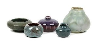 A Group of Five Art Pottery Vases, Height of tallest 4 1/2 inches.