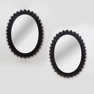 Pair of Modern Ebonized Metal Oval Mirrors