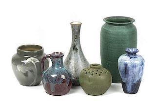 A Group of Six Art Pottery Vases, Height of tallest 8 inches.