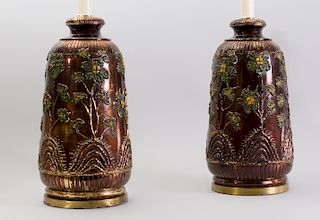 Pair of Large Italian Relief Decorated Copper Luster Pottery Vases, Now Mounted as Lamps