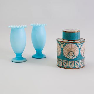 French Blue and White Cloisonné Covered Jar and a Pair of Pale Blue Opaline Vases