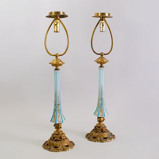 Pair of Gilt-Metal Mounted Overlay Opaline Glass Lamps