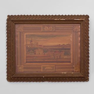 French Straw Marquetry Cityscape