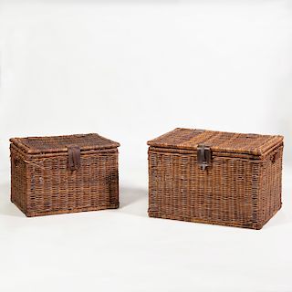 Two Leather-Mounted Wicker Picnic Baskets