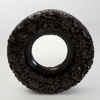Unusual Anglo-Indian Floral Carved Ebony Mirror, Probably Ceylon