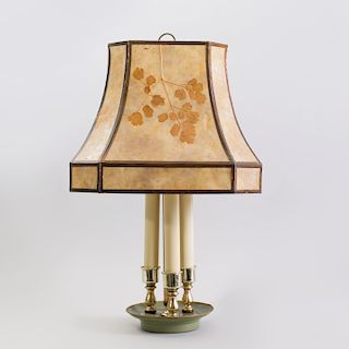 Modern Brass and Painted Metal Lamp with Botanical Mica Shade