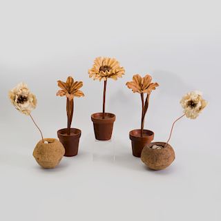 Three Wood Potted Plants and Two Sapucaia Pots with Paper Poppy Stems