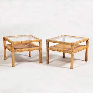 Pair of Modern Wicker and Glass End Tables