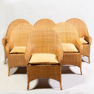 Set of Six Modern Woven Reed Armchairs