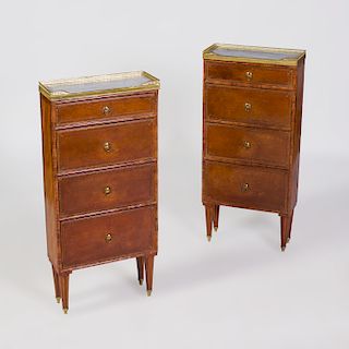 Pair of Louis XVI Style Brass-Mounted Mahogany and Leather Petit Commodes