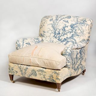 Pair of Large English Linen Upholstered Club Chairs, Howard & Co.