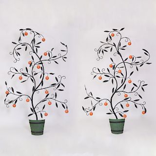 Pair of Tall Painted Wrought-Iron Potted Orange Trees