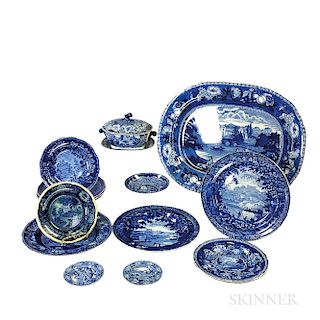 Sixteen Staffordshire Blue Transfer-decorated Ceramic Tableware Items