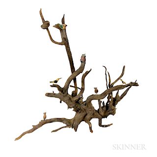 Painted Driftwood Sculpture with Birds