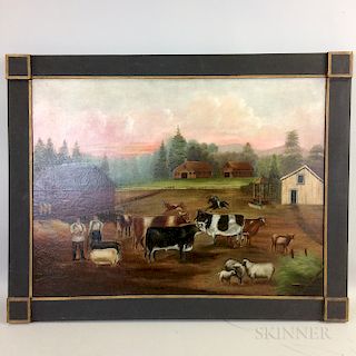 American School, 19th Century  Primitive Farm Scene
